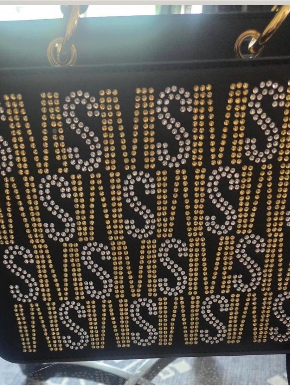 Steve Madden Black Studded Tote with Crystal Initial Pattern